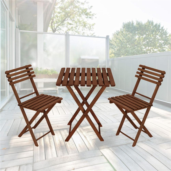 Set mobilier balcon sau terasa din lemn de fag, pliabil, masa 52x51x65 cm si 2 scaune, maro inchis [3]