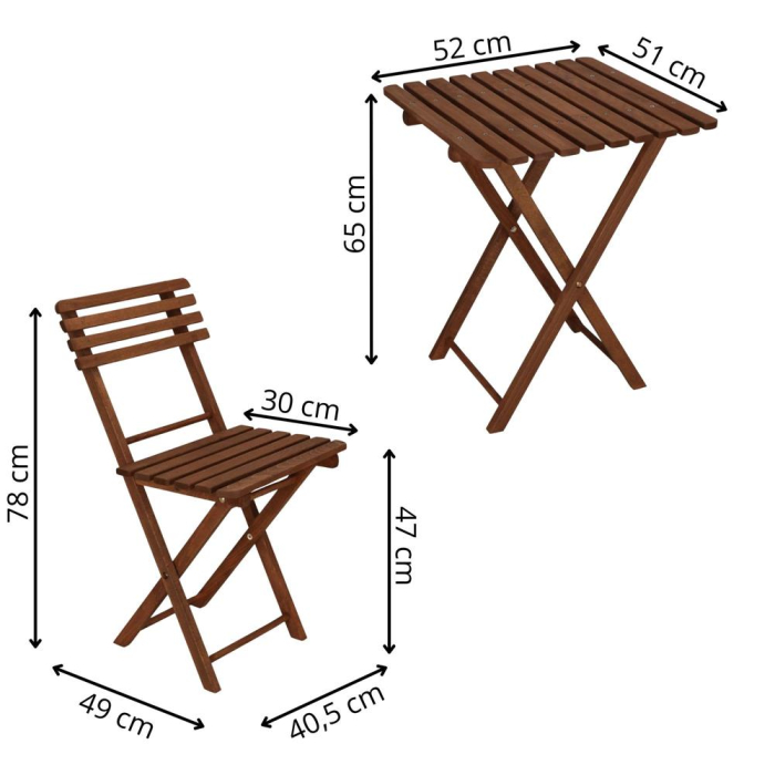 Set mobilier balcon sau terasa din lemn de fag, pliabil, masa 52x51x65 cm si 2 scaune, maro inchis [27]