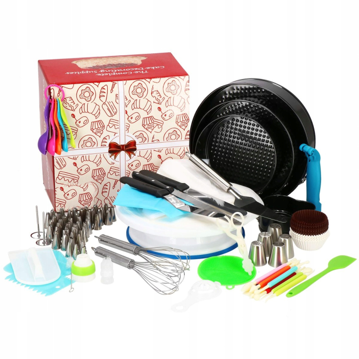 Set patiserie cu platou rotativ si 4 tavi de copt, 345 piese cu sabloane pentru ornarea prajiturilor [1]