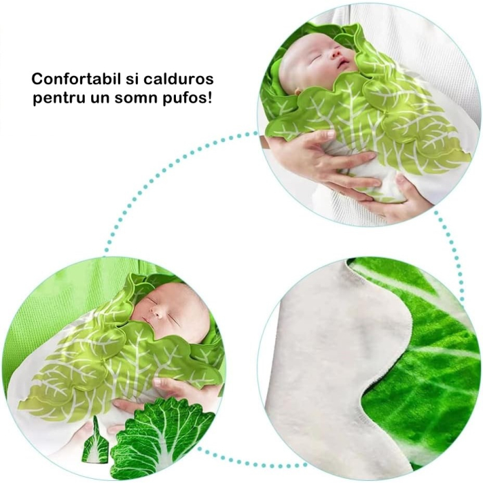 Set patura flanel si caciula , forma frunza de salata, pentru nou-nascuti, material poliester, 85 cm, verde [10]