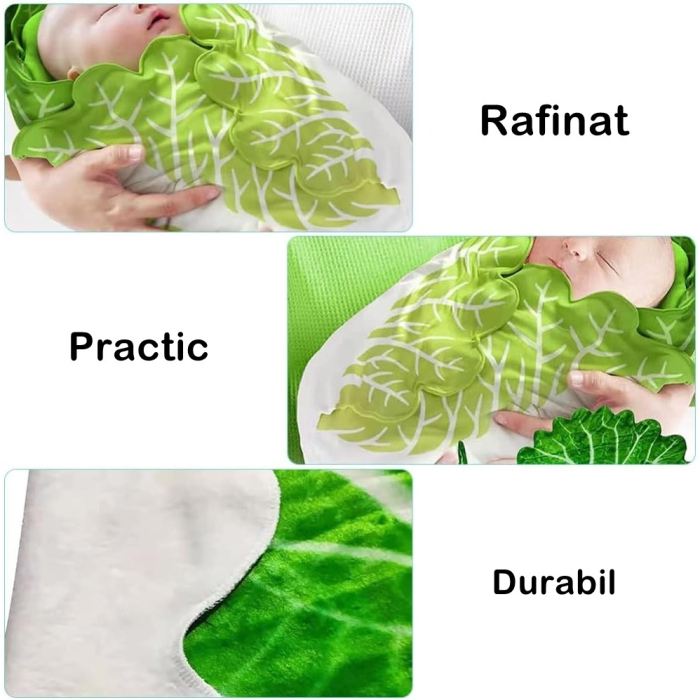 Set patura flanel si caciula , forma frunza de salata, pentru nou-nascuti, material poliester, 85 cm, verde [3]