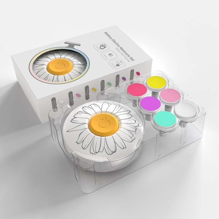 Set Pila Electrica pentru Copii si Bebelusi, , ABS, Incarcare USB, Model cu Flori, 6 Accesorii, cu Lumina LED, Alb [6]