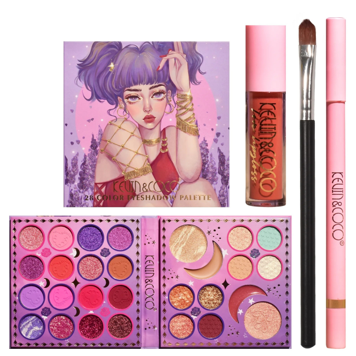 Set Produse de Machiaj, Kevin & Coco, 28 Culori, Fard de Ochi, Ruj, Pensula si Creion, Varianta 2 [4]