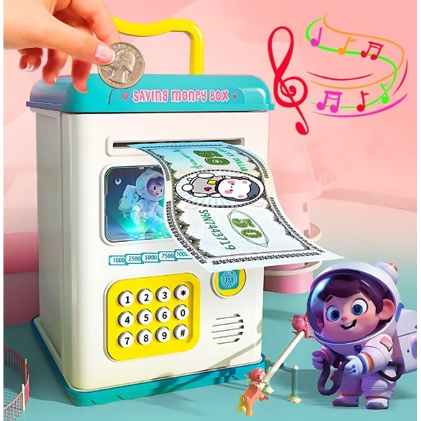 Set Pusculita pentru Copii, , Tip ATM, Parola cu Amprenta, 13.5 x 11.5 x 20 cm, Albastru [3]