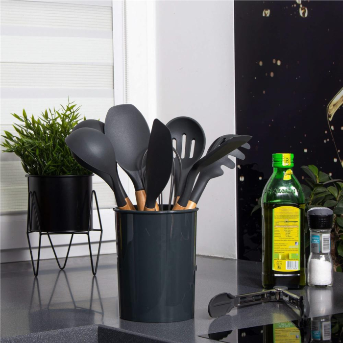 Set Sersimo 12 ustensile de bucatarie din silicon termorezistent si maner din bambus, gri [21]