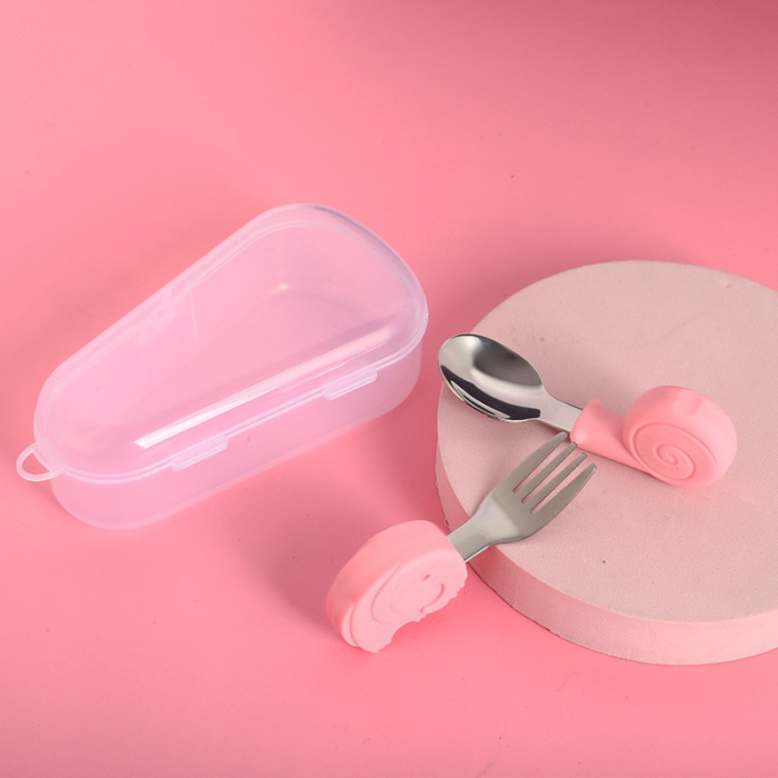 Set Tacamuri pentru Bebelusi, , Lingura si Furculita, Inox/Silicon, 1- 3 Ani, Model cu Animale, Multicolor [2]