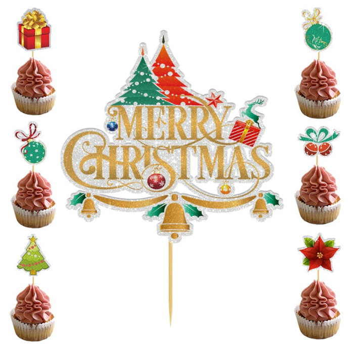 Set Toppere pentru Tort si Prajituri, , Tematica Craciun, Model Mare Scris Merry Christmas 15.5x14.3 cm, 6 Toppere Mici Modele Variate 5x5 cm, Multicolor [4]