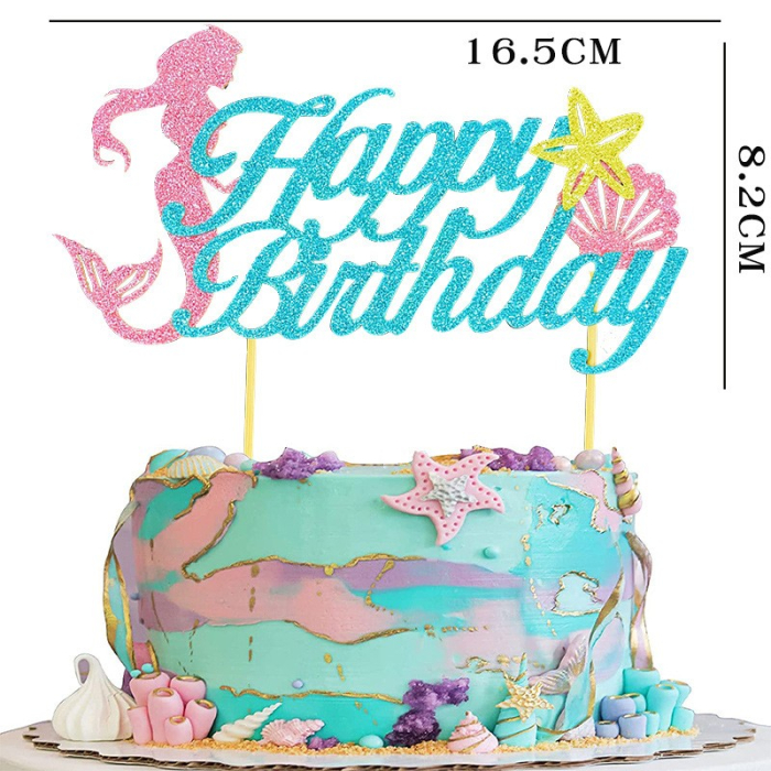 Set Toppere pentru Tort si Prajituri, , Tematica Sirena, Model Mare Scris Happy Birthday 16.5x8.2 cm, 6 Toppere Mici Model Marin 5x5 cm, Multicolor [3]