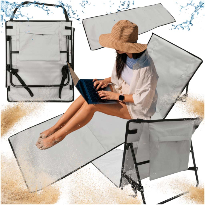 Sezlong de plaja pliabil, spatar cu cadru metalic, reglabil, 150x47 cm, gri [8]