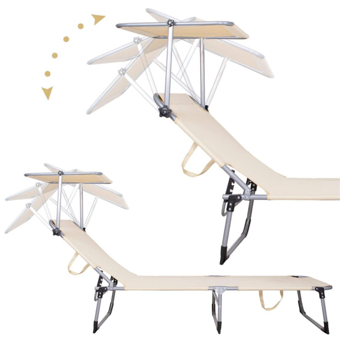 Sezlong pliabil cu parasolar, 188x57x38cm, sarcina 120kg, crem [9]