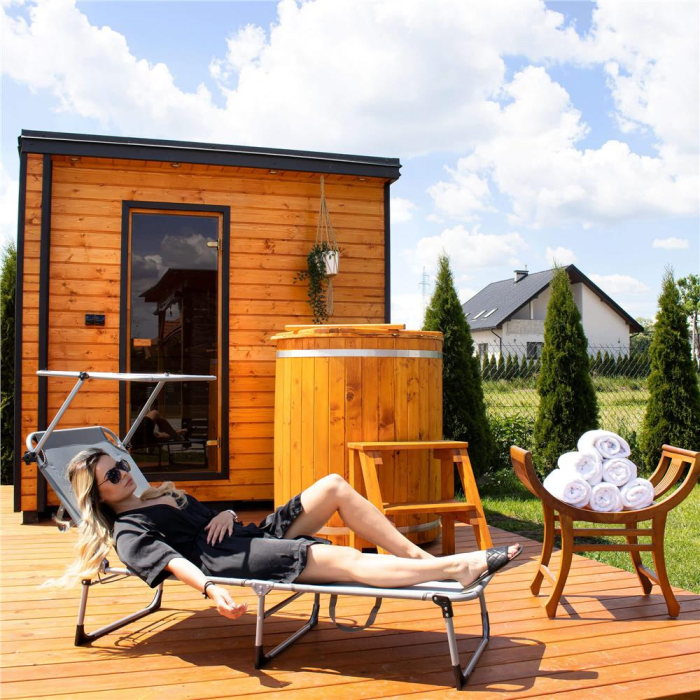 Sezlong pliabil cu parasolar, 188x57x38cm, sarcina 120kg, gri [3]