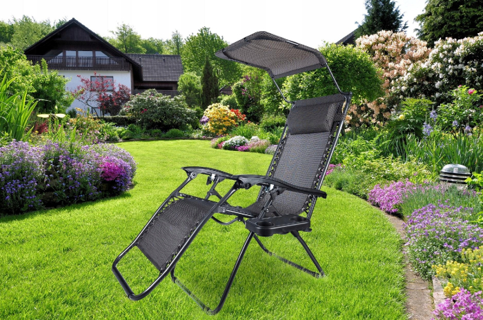 Sezlong pliabil cu parasolar si tetiera, reglabil in 2 pozitii, suport pahare, 174cm, gri [5]