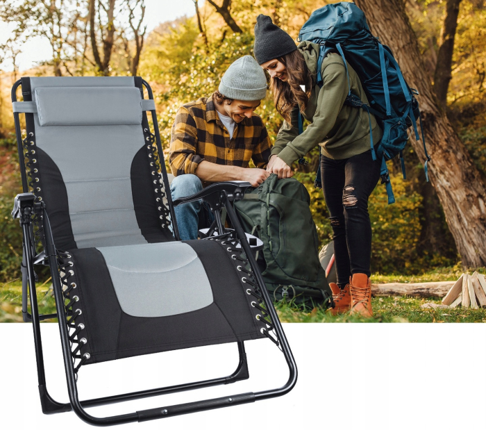 Sezlong scaun pliant plaja sau gradina, Siesta, gravitatie zero, cu tetiera, 175x75x110 cm, negri gri [14]