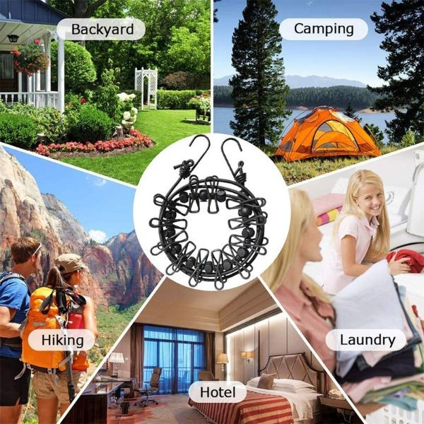 Sfoara pentru Uscarea Hainelor, , Uscator Sfoara Portabila, 12 Clips-uri Incluse, Lungime 180 cm, PP Cablu de Otel, Negru [7]