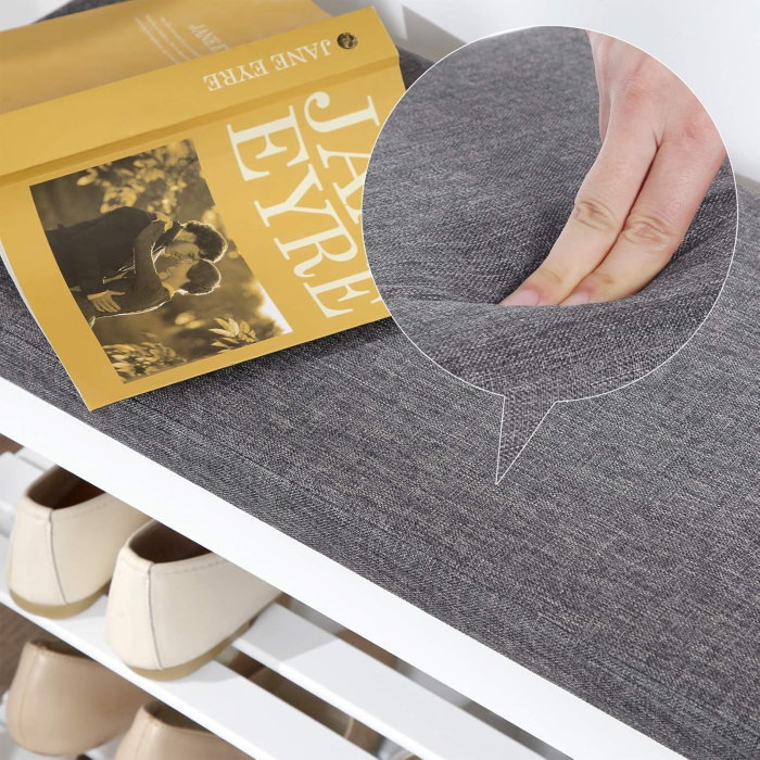 SONGMICS Banca pentru pantofi din bambus, 2 niveluri, cu perna, sarcina 150 kg, 71x29x49 cm, alb si gri [6]