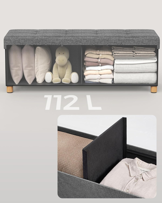SONGMICS Bancuta depozitare pliabila cu picioare din lemn, 112 litri, textil, 110x38x40 cm, gri [2]