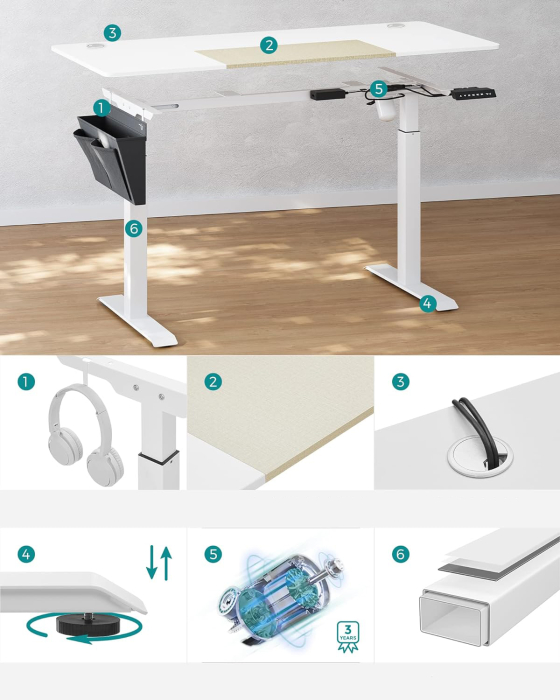 SONGMICS Birou cu reglaj electric pe inaltime, memorie cu 4 inaltimi, 60x140x(72-120)cm, alb [7]