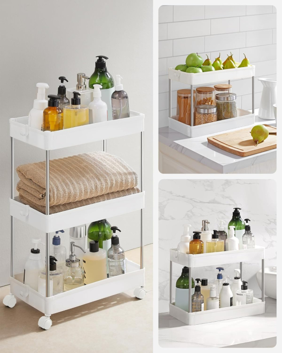 SONGMICS Carucior cu 3 niveluri, rafturi etajate detasabile, roti pivotante 360°, cadru metalic, 42x24x61 cm, alb [8]