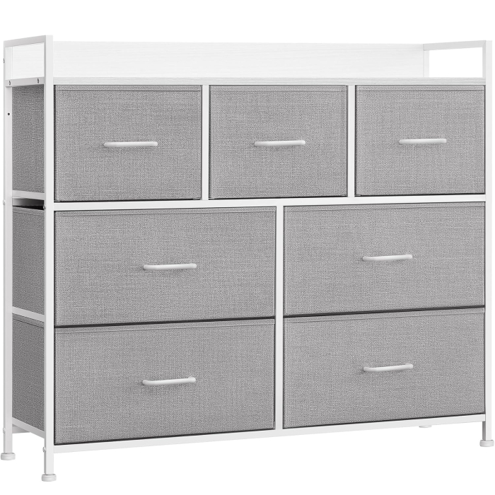 SONGMICS Comoda cu cadru metalic si 7 sertare din stofa, 29x98x85 cm , gri si alb [1]
