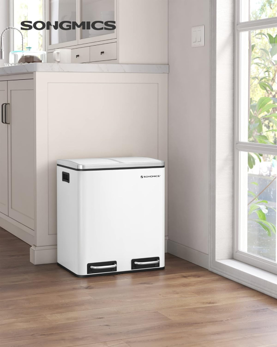 SONGMICS Cos de gunoi din inox cu 2 compartimente colectare selectiva, cu galeti interioare, 2x15litri, alb [7]