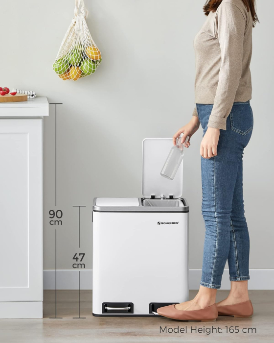 SONGMICS Cos de gunoi din inox cu 2 compartimente colectare selectiva, cu galeti interioare, 2x15litri, alb [4]