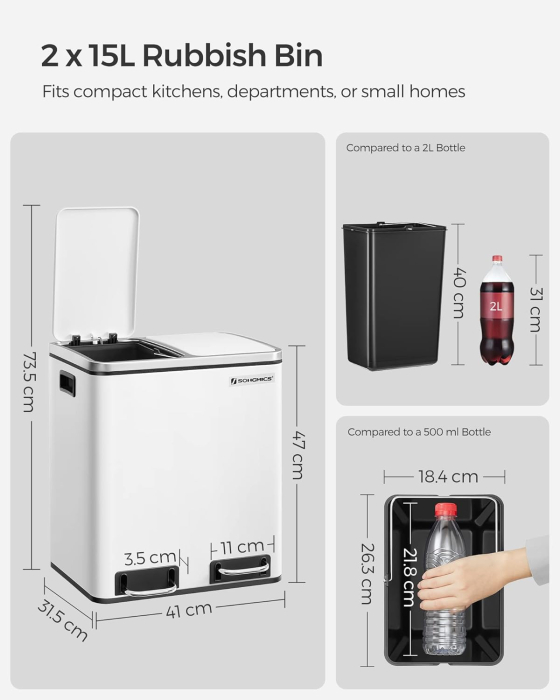 SONGMICS Cos de gunoi din inox cu 2 compartimente colectare selectiva, cu galeti interioare, 2x15litri, alb [6]