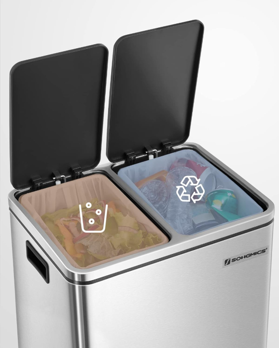 SONGMICS Cos de gunoi din inox cu 2 compartimente colectare selectiva, cu galeti interioare, 2x15litri, argintiu si negru [11]