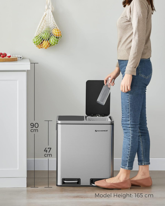 SONGMICS Cos de gunoi din inox cu 2 compartimente colectare selectiva, cu galeti interioare, 2x15litri, argintiu si negru [10]