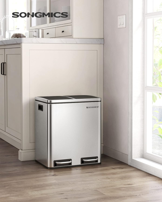 SONGMICS Cos de gunoi din inox cu 2 compartimente colectare selectiva, cu galeti interioare, 2x15litri, argintiu si negru [7]
