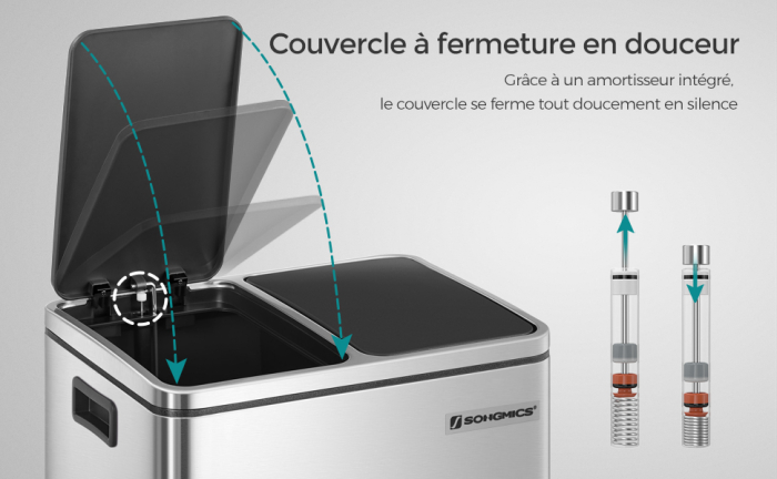 SONGMICS Cos de gunoi din inox cu 2 compartimente colectare selectiva, cu galeti interioare, 2x15litri, argintiu si negru [5]