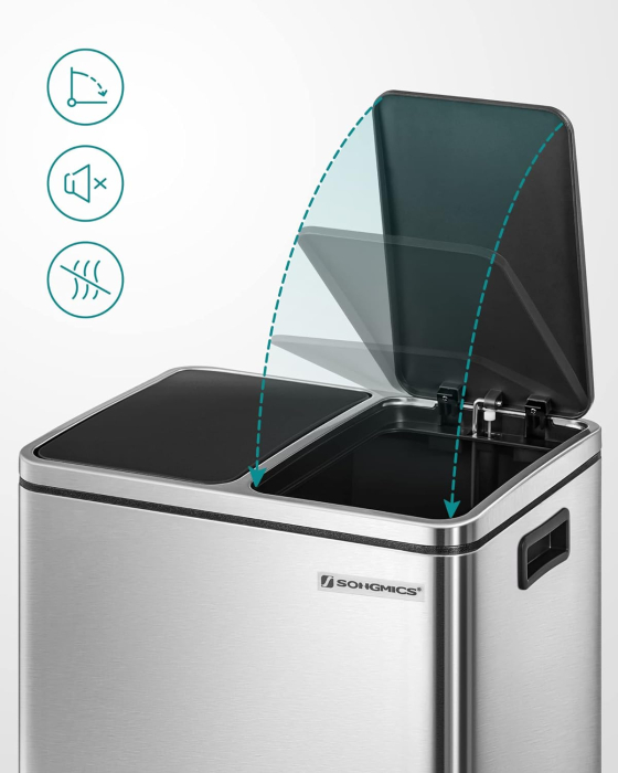 SONGMICS Cos de gunoi din inox cu 2 compartimente colectare selectiva, cu galeti interioare, 2x15litri, argintiu si negru [12]