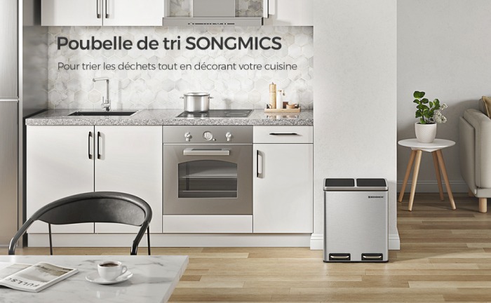 SONGMICS Cos de gunoi din inox cu 2 compartimente colectare selectiva, cu galeti interioare, 2x15litri, argintiu si negru [6]