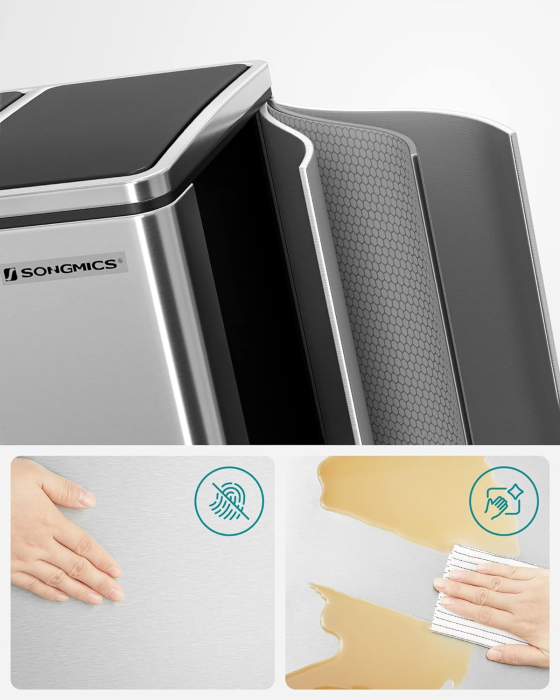 SONGMICS Cos de gunoi din inox cu 2 compartimente colectare selectiva, cu galeti interioare, 2x15litri, argintiu si negru [8]