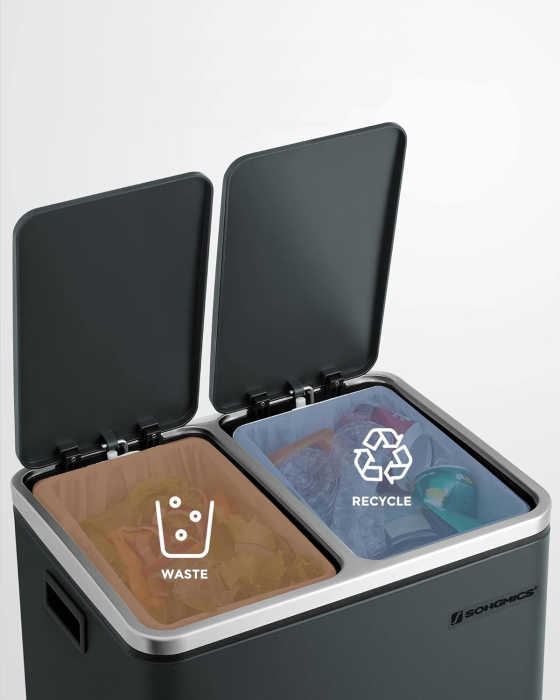 SONGMICS Cos de gunoi din inox cu 2 compartimente colectare selectiva, cu galeti interioare, 2x15litri, gri [5]