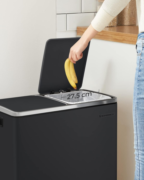 SONGMICS Cos de gunoi din inox cu 2 compartimente colectare selectiva, cu galeti interioare, 2x24 litri, negru [7]