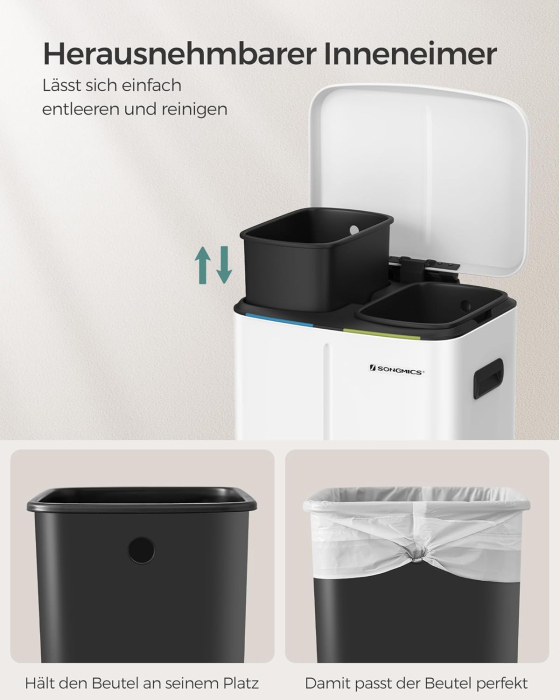 SONGMICS Cos de gunoi din inox cu 2 galeti interioare, colectare selectiva, 2x20 litri, alb [6]