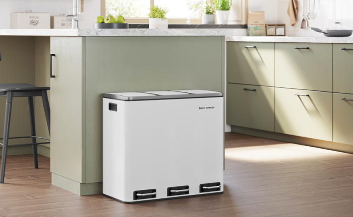 SONGMICS Cos de gunoi din inox cu 3 compartimente colectare selectiva, cu galeti interioare, 3x18litri, 62x32x56cm, alb [2]