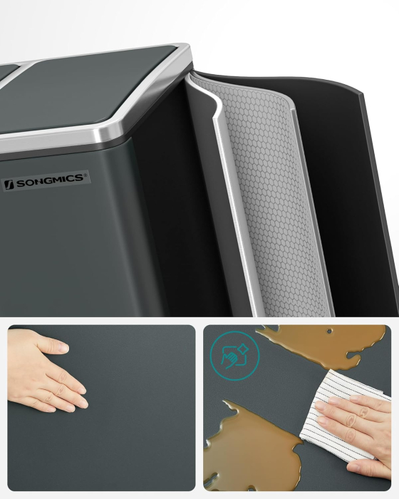 SONGMICS Cos de gunoi din inox cu 3 compartimente colectare selectiva, cu galeti interioare, 3x18litri, gri inchis [4]