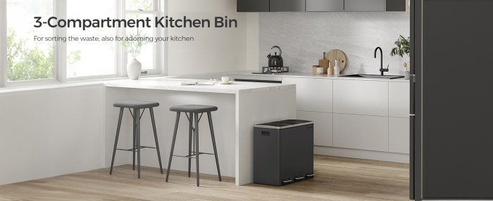 SONGMICS Cos de gunoi din inox cu 3 compartimente colectare selectiva, cu galeti interioare, 3x18litri, negru [8]