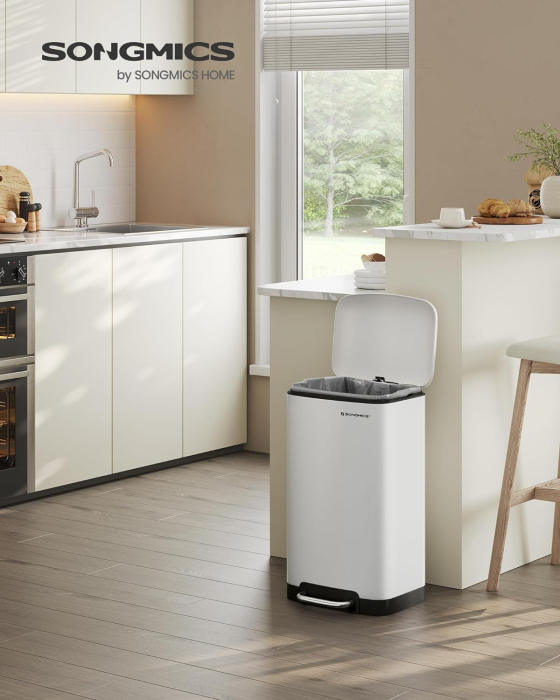 SONGMICS Cos de gunoi din otel cu pedala, 30litri, cu galeata interioara si capac, soft close, 34x61x32cm, alb [2]