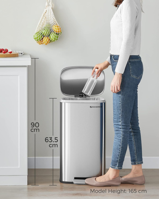 SONGMICS Cos de gunoi din otel cu pedala, galeata interioara plastic, capac inchidere lenta, 30L, 35x30x63cm, argintiu [11]