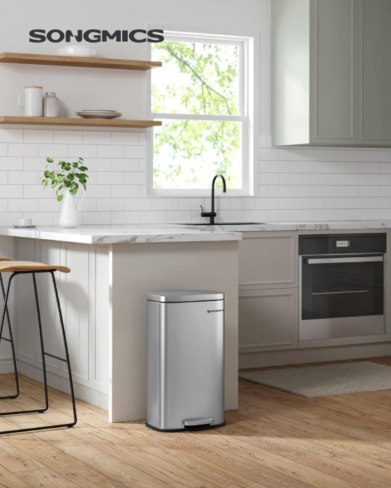 SONGMICS Cos de gunoi din otel cu pedala, galeata interioara plastic, capac inchidere lenta, 30L, 35x30x63cm, argintiu [5]