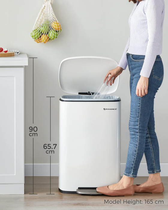 SONGMICS Cos de gunoi din otel cu pedala, galeata interioara plastic, capac inchidere lenta, 50L, 43x32x66cm, alb [5]