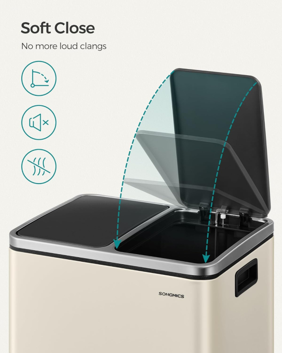 SONGMICS Cos de gunoi dublu 41x32x47 cm, 2x15L, pedale separate, capac soft-close si galeata detasabila, bej si negru [4]