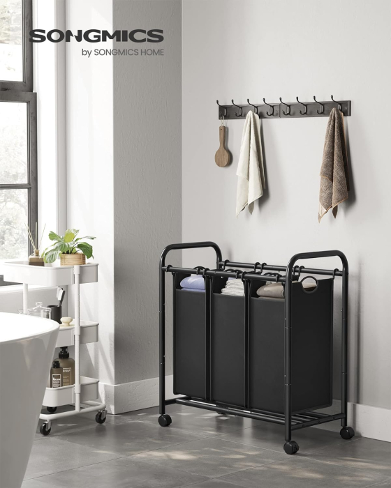 SONGMICS Cos de rufe cu 3 saci detasabili, structura metalica pe roti, 3x44L, 77x41x82cm, negru [2]