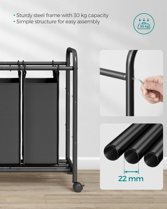 SONGMICS Cos de rufe cu 3 saci detasabili, structura metalica pe roti, 3x44L, 77x41x82cm, negru [8]