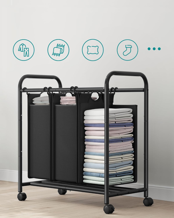 SONGMICS Cos de rufe cu 3 saci detasabili, structura metalica pe roti, 3x44L, 77x41x82cm, negru [3]