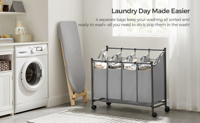 SONGMICS Cos de rufe cu 4 saci detasabili, structura metalica pe roti, 4x35L, 87x38x81cm, gri [4]