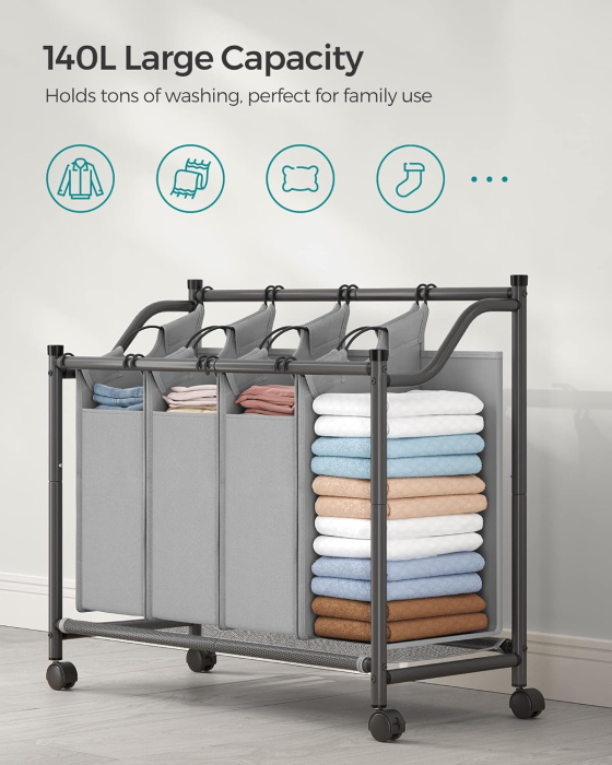 SONGMICS Cos de rufe cu 4 saci detasabili, structura metalica pe roti, 4x35L, 87x38x81cm, gri [6]