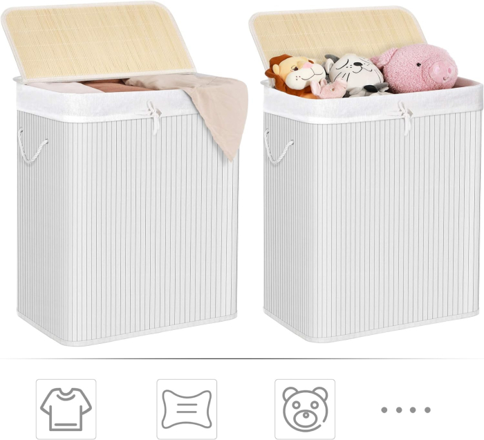 SONGMICS Cos de rufe din bambus cu capac, 2 compartimente, sac detasabil, volum 100L, 52x32x62cm, alb [7]